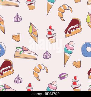 Doodle Abbildung: Desserts und Gebäck. Nahtlose Muster mit Desserts. Hand gezeichnet Vector Illustration im Cartoon Stil. Süßigkeiten und Dessert Stock Vektor