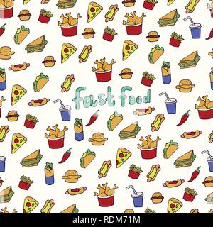 Doodle Abbildung: Fast Food. Nahtlose Muster mit Junk Food. Hand gezeichnet Vector Illustration im Cartoon Stil. Hamburger, Hot-dog, Französisch fr Stock Vektor
