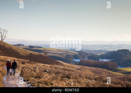 Zwei Leute, die ihren Hund in den Pentland Hills in der Nähe von Edinburgh. Stockfoto