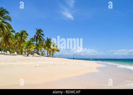 Tropische Insel im Karibischen Meer mit Palmen, weißer Sand, türkises Meer und blauer Himmel, einige Touristen entspannen im Meer und am Strand Stockfoto