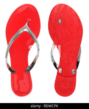 Red flip-flops in strass Ansicht von unten und Ansicht von oben. Auf weissem Hintergrund Stockfoto