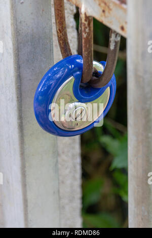 Eine Nahaufnahme eines Kunststoff blau verriegeln, halten ein Metall verrostete Tor geschlossen Stockfoto