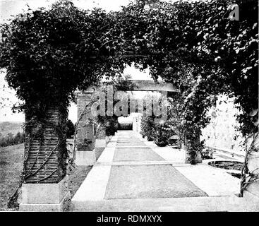 . Gärten für kleine Häuser auf dem Land. Gärten. Die Pergola. 185 Guthrie, mit einem umgebenden Pergola nach dem gleichen Plan (Abb. 266). Die Pfeiler sind kreisförmige in einem hellen Ziegeln und auf eine markierte Plattform stehen. Das Ganze ist mit Reben bepflanzt, die schönste aller pergola Pflanzen. Brick piers an den Enden, mit Holz zwischen und eine Überdachung der Trellis o'er einen Stein Pflaster, bilden eine Laube an Sandhouse, Sandhills, Witley (Abb. 267), vom Design, von Herrn F. W. Troup. Diese pergola ist ungewöhnlich hoch im Verhältnis zu seiner Breite. Es ist im Allgemeinen noch angenehmer t lassen Stockfoto