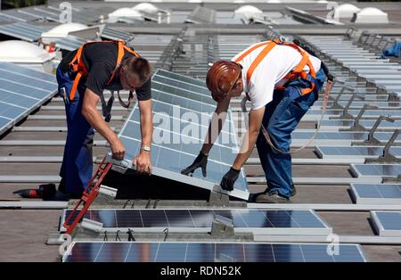 Bau einer großen Photovoltaikanlage, 16000 Quadratmeter, auf mehreren Dächern, Gelsenkirchen, Nordrhein-Westfalen Stockfoto