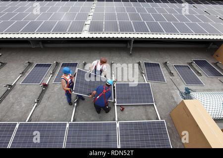 Bau einer großen Photovoltaikanlage auf mehreren Dächern, 16000 Quadratmeter, Gelsenkirchen, Nordrhein-Westfalen Stockfoto