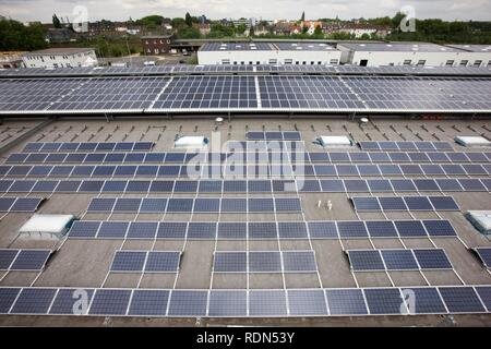 Bau einer großen Photovoltaikanlage auf mehreren Dächern, 16000 Quadratmeter, Gelsenkirchen, Nordrhein-Westfalen Stockfoto