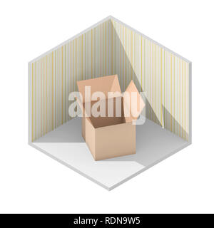 Isometrische 3D Rendering Illustration der Karton geöffnet, in leeren Raum Stockfoto