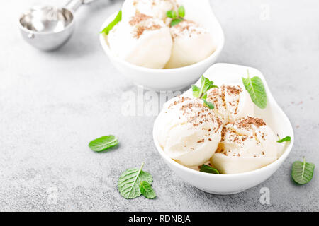 Vanilleeis mit geriebener Schokolade und Minze Stockfoto