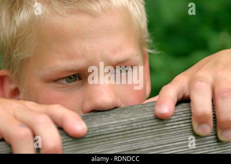 Junge über einen Zaun Stockfoto