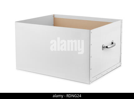 Open Storage Box isoliert auf weißem Stockfoto
