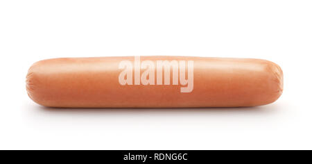 Seitenansicht des Hot Dog Würstchen isoliert auf weißem Stockfoto