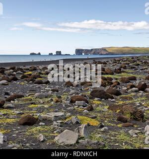 Lavastones am Strand Reynisfjara, hinter ihnen die Halbinsel Dyrhólaey, Dyrholaey, Vík í Mýrdal, Rangárvallahreppur, Sudurland Stockfoto