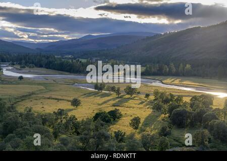 Dee Tal bei Sonnenuntergang, Braemer, Schottland, Vereinigtes Königreich Stockfoto