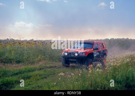 Ruse, Bulgarien - 21. Juli 2017. Ivanovo Bereich Village, Ruse, Bulgarien, rot Rally Car in Aktion Stockfoto