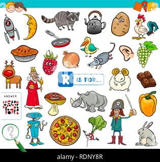 Cartoon Abbildung: Bild suchen Beginnend mit Buchstabe R Lernspiel Arbeitsbuch für Kinder Stock Vektor