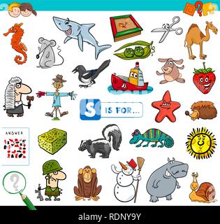 Cartoon Abbildung: Bild Suchen beginnend mit dem Buchstaben S Lernspiel Arbeitsbuch für Kinder Stock Vektor