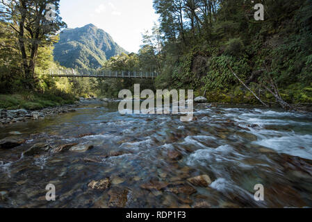 Eine Hängebrücke in einen Buchenwald führender markiert den Beginn des Routeburn Track in der Nähe von Burnie in Neuseeland. Stockfoto