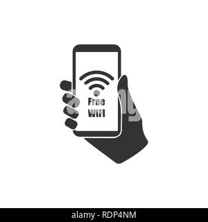 Hand halten, Smartphone, WLAN-Symbol. Flache Bauform. Vektor Stock Vektor