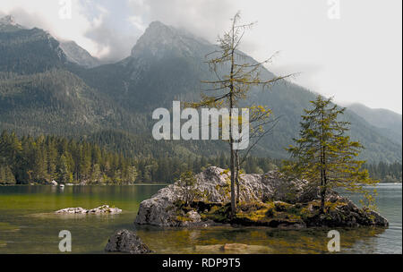Hintersee Ramsau Bäume wachsen auf kleinen, felsigen Insel im See Stockfoto