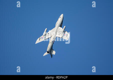 Die vintage Hawker Hunter T7 Kampfflugzeuge (WV 372) in einer Schleife Manöver kurz vor dem tragischen Flugzeugabsturz im Shoreham Airshow, Großbritannien am 22.08.15. Stockfoto