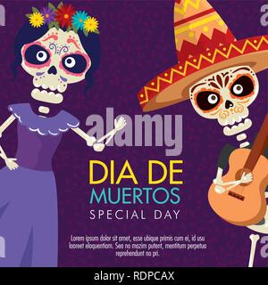 Catrina und Skelett Mann mit Gitarre zu Tag der Toten Ereignis Vector Illustration Stock Vektor