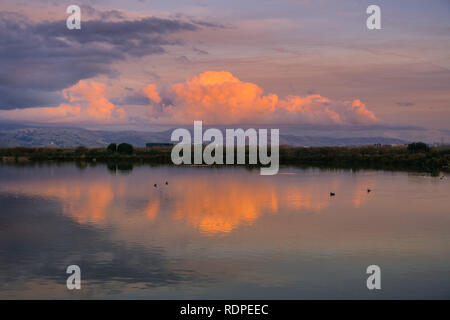 Sonnenuntergang farbige Wolken über Santa Cruz Mountains, die in den Teichen von South San Francisco Bay, Sunnyvale, Kalifornien nieder Stockfoto