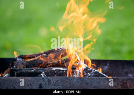 Hell brennen in Metall box Protokolle Brennholz zum Grillen im Freien an einem sonnigen Tag. Orange Flamme und weißer Rauch auf unscharfen blauer Himmel und grünes Gras b Stockfoto