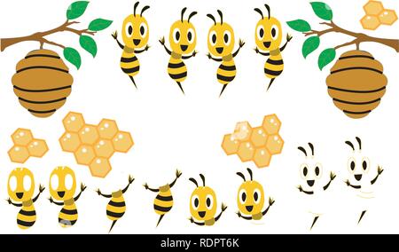 Cartoon süße Biene mascot Serie. Schöne süße Biene. Cartoon süße Biene zeigt. Vector Illustration isoliert 2019 Stock Vektor