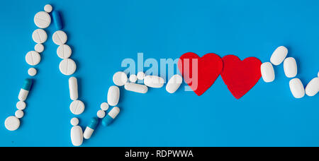 Arzneimittel weiße, runde herzförmige Pillen auf blauem Hintergrund isoliert. Tabletten in Form einer Linie des Herzrhythmus auf einem Pastell-blaue Hintergrund. Ca Stockfoto