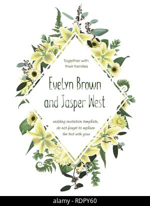 Hochzeit Blumen Einladung, Karte laden. Vektor Aquarell grünen Wald fern, Kräuter, Eukalyptusbäumen, Zweige Buchsbaum, buxus. Botanische dekorative roun Stock Vektor