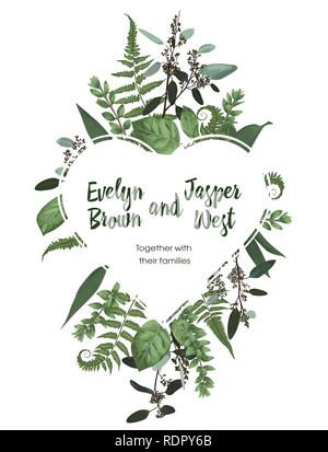 Gruß Valentine Karte, Karte laden. Vektor aquarell Stil Kräuter, Eukalyptus, Wald, Farn, Waldrebe. Natürliche, Zweige Buchsbaum, buxusDecorative h Stock Vektor