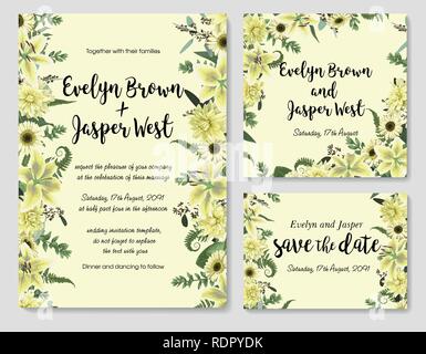 Der Vektor hochzeit einladung, Grußkarte, speichern. Mit grünen Wald, Farn Blätter, Zweige, Buchsbaum, Eukalyptus. Blüten der weißen Lilie, Gerbera Stock Vektor