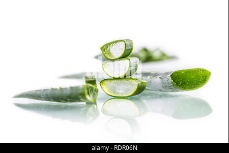 Scheiben von Aloe vera Gel auf weißem Hintergrund. Stockfoto