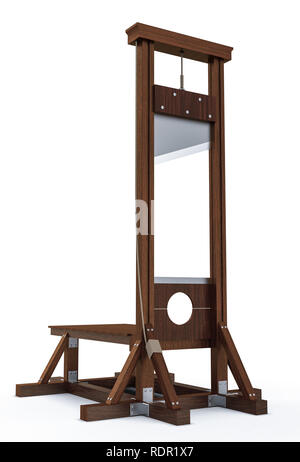 Guillotine Instrument für Zuzufügen, die Vollstreckung der Todesstrafe durch Enthauptung auf weißem Hintergrund. Alte Holz- instrument für die Ausführung Stockfoto