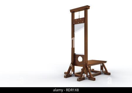 Guillotine Instrument für Zuzufügen, die Vollstreckung der Todesstrafe durch Enthauptung auf weißem Hintergrund. Alte Holz- instrument für die Ausführung Stockfoto