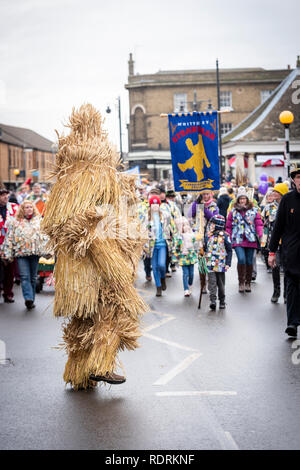 Whittlesey, Cambridgeshire UK, 19. Januar 2019. Menschen nehmen an der 40. jährlichen Whittlesey Stroh tragen Festival in der moorlandzone Stadt im Norden von Cambridgeshire. Aus den späten 1800er die traditionelle Veranstaltung ist nach Pflug Montag statt und beinhaltet einen Mann als Stroh Bär geführt wird gekleidet durch die Stadt durch eine Parade von Tänzern und Musikern. Über 250 Tänzer aus verschiedenen Molly, Morris und Verstopfen Gruppen in bunten Kostümen und Make-up der Bär von großen Menschenmassen beobachtete Folgen. Credit: Julian Eales/Alamy leben Nachrichten Stockfoto