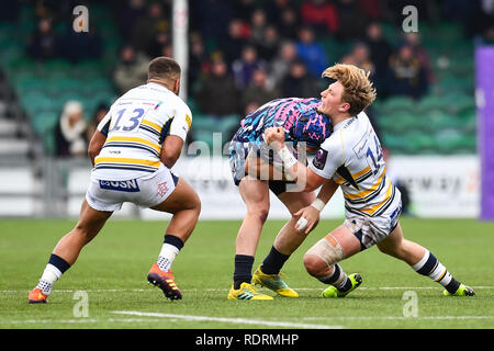 Sixways Stadion, Worcester, Großbritannien. 19. Jan 2019. European Challenge Cup, Worcester vs Stade Francais; Alex Arrate Stade Francais Paris von Tom Howe von Worcester Warriors Kredit angegangen wird: Craig Thomas/news Bilder Credit: Aktuelles Bilder/Alamy Live News Credit: Aktuelles Bilder/Alamy leben Nachrichten Stockfoto