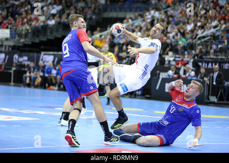 Deutschland. Berlin, Deutschland. 17. Jan 2019. IHF Handball Men's World Championship, Berlin, Deutschland. Michael Guigou für Frankreich Credit: Mickael Chavet/Alamy leben Nachrichten Stockfoto