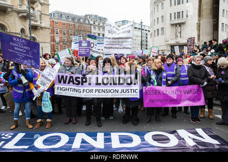 London, Großbritannien. 19. Januar, 2019. Frauen aus waspi London vorbereiten zu Tausenden von anderen Frauen, die im März dem Weltweiten von BBC Broadcasting House, Trafalgar Square ein Brot & Rosen Kundgebung gegen Sparkurs, den Frauen März London. Kredit organisiert: Mark Kerrison/Alamy Leben Nachrichten zu besuchen, melden Sie Stockfoto