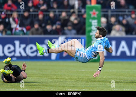 London, Großbritannien. Jan, 2019 19. Tommy Seymour von Glasgow Warriors wird von während der heineken Champions Cup zwischen Sarazenen v Glasgow Krieger der Allianz Park am Samstag, den 19. Januar 2019 in Angriff genommen. LONDON ENGLAND. (Nur redaktionelle Nutzung, eine Lizenz für die gewerbliche Nutzung erforderlich. Keine Verwendung in Wetten, Spiele oder einer einzelnen Verein/Liga/player Publikationen.) Credit: Taka Wu/Alamy leben Nachrichten Stockfoto