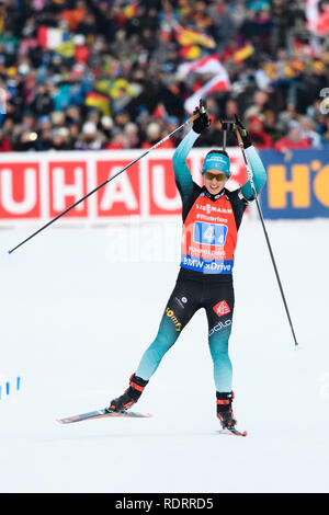 Ruhpolding, Deutschland. Jan, 2019 19. Biathlon: Wm, 4x6 km Frauen Relais in der Chiemgau Arena. Anais Chevalier aus Frankreich Beifall am Ende. Credit: Matthias Balk/dpa/Alamy leben Nachrichten Stockfoto