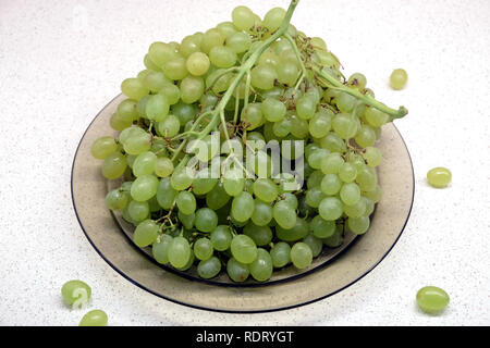 Appetitlich Zweige mit reifen Grüne Traube in transparente Platte auf dem Küchentisch Vorderansicht closeup Stockfoto