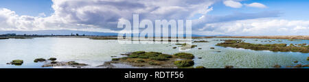 Panoramablick auf die alviso Marsh an einem stürmischen Tag, San Jose, San Francisco Bay, Kalifornien Stockfoto