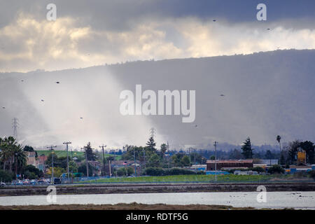 Lichtstrahlen, die durch dunkle Gewitterwolken auf der Küstenlinie von Alviso Marsh, San Jose, San Francisco Bay, Kalifornien Stockfoto