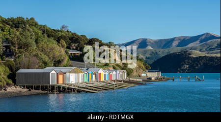 Duvauchelle Boot Schuppen, Akaroa, NZ Stockfoto