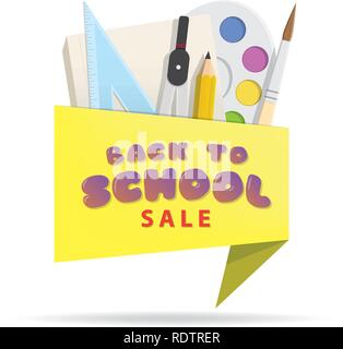 Tag Set zurück zu Schule Verkauf gelbe überschrift Design für Banner oder Poster. Verkauf und Rabatte Konzept. Vector Illustration. Stock Vektor