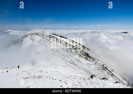 Berge und Meer der Wolken; der Gipfel des Mount San Gorgonio und Mount San Jacinto im Hintergrund; Wanderer auf einem steilen Hang in her abgedeckt Stockfoto