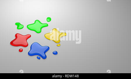 Vier Farben Tintentropfen auf grauem Hintergrund mit Copyspace 3D-Darstellung Stockfoto