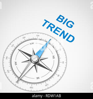 Magnetischer Kompass mit Nadel nach Blau große Trend Text auf weißem Hintergrund, 3D-Darstellung Stockfoto