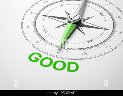 Magnetischer Kompass mit Nadel nach Grün gutes Wort auf weißem Hintergrund 3D Illustration Stockfoto